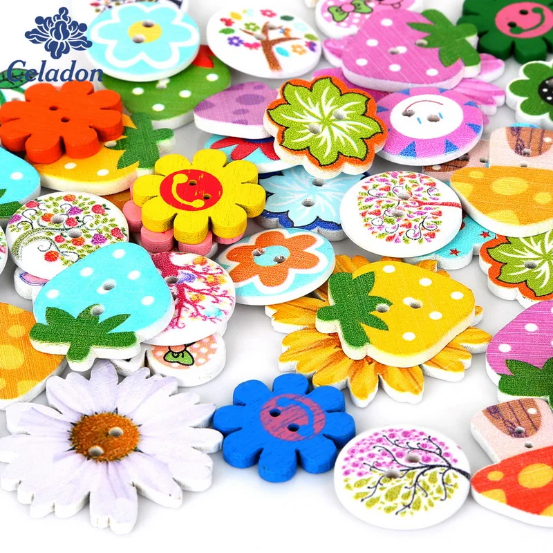 80 шт. 2 отверстия Ассорти Случайные Смешанные плоские круглые и животные узор