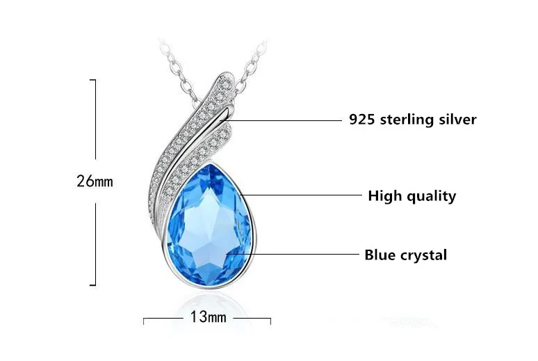 Женское ожерелье из серебра 100% пробы с синими кристаллами в форме капли воды| |