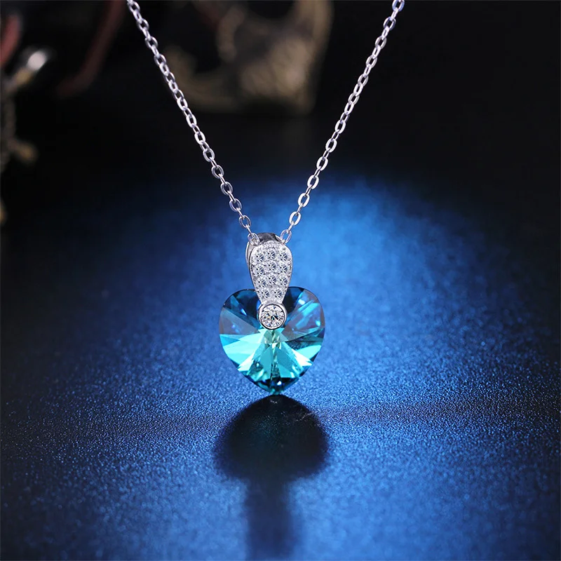 

Heart Shape Austrian Crystal Necklaces 925 Sterling Silver Romantic Women Jewelry Statement Necklace opal
