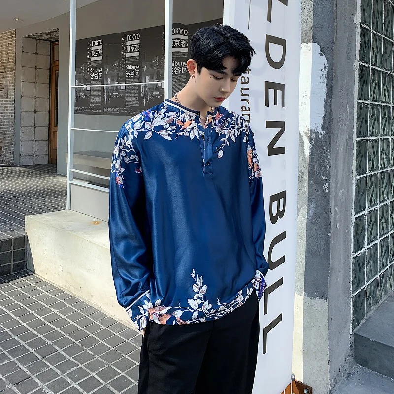 Мужской пуловер с длинным рукавом рубашки мужская мода сатиновый стиль принт