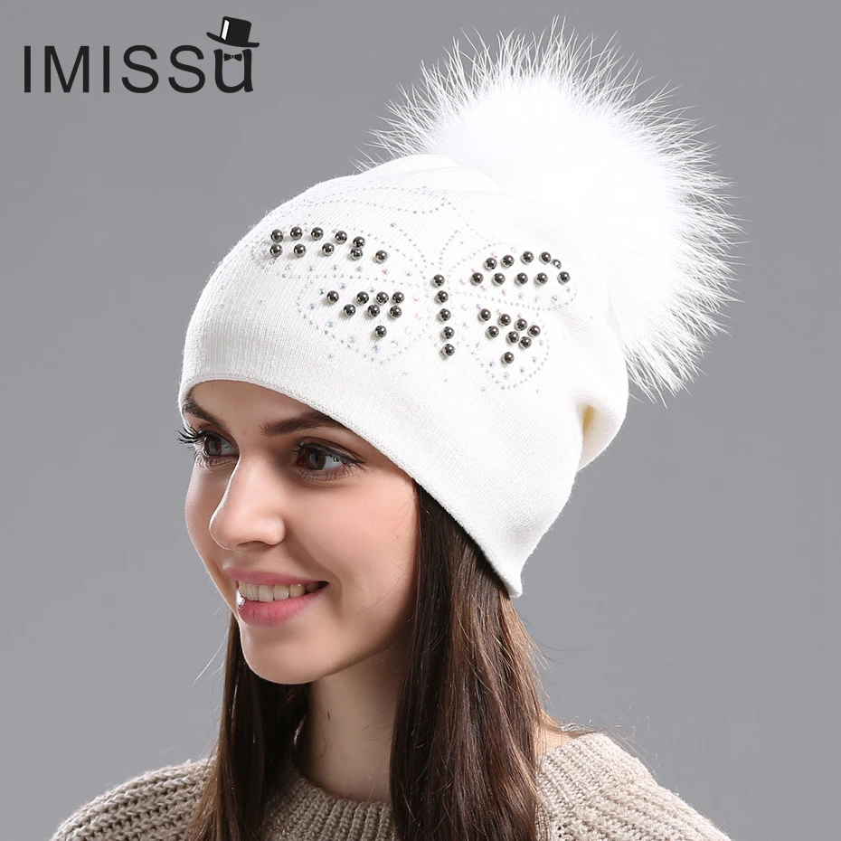 

IMISSU Winter Beanies Hats Knitted Wool Casual Cap with Real Raccoon Fox Fur Pom Pom Gorros Casquette Female Winter Fur Hat