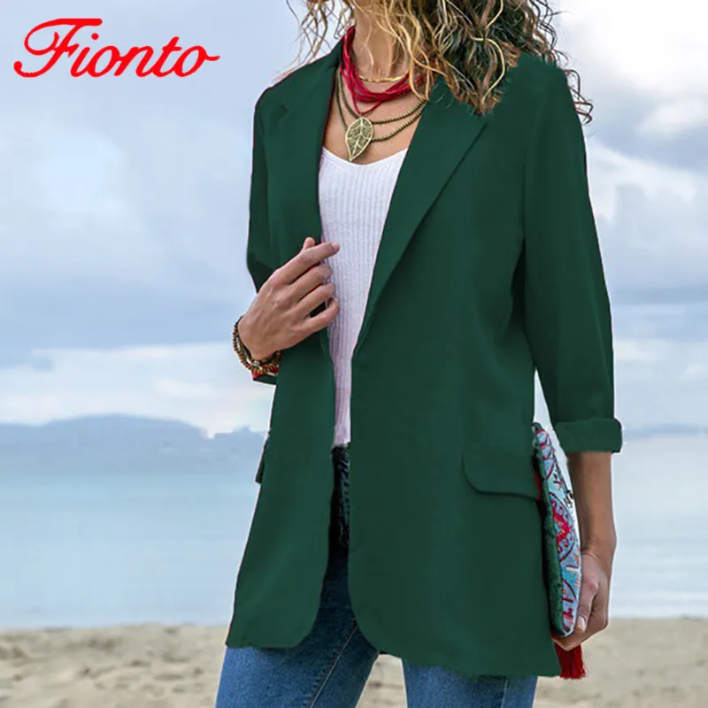 Женские модные куртки FIONTO 2019 однотонные зеленые блейзеры с воротником лацканами