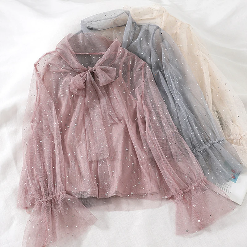 Женская блузка с бантом на шнуровке весна 2019 сетчатая рукавами-фонариками и