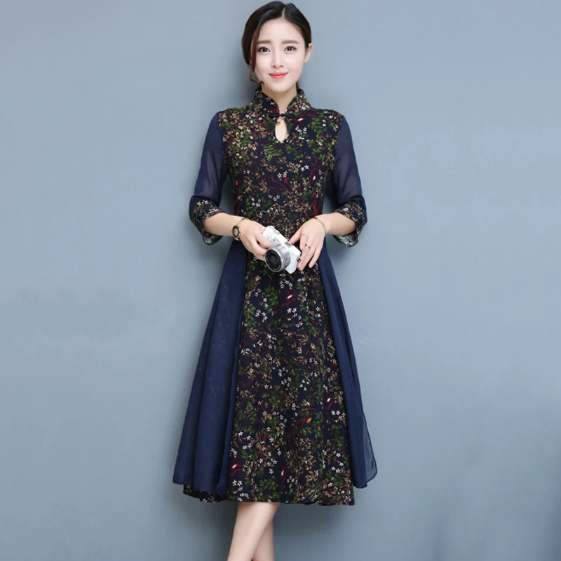 Традиционное китайское платье с принтом cheongsam хлопковое вечернее платье женское кружевное платье Ципао китайское платье - Цвет: color2