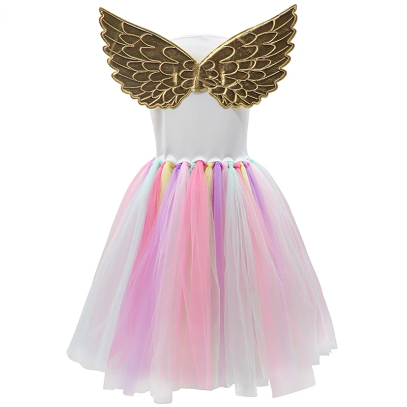 Kids Rainbow Unicorn Dress for Girls Toddler Cosplay Costume Children Princess Hair Hoop Wing Set Halloween Frocks | Детская одежда и