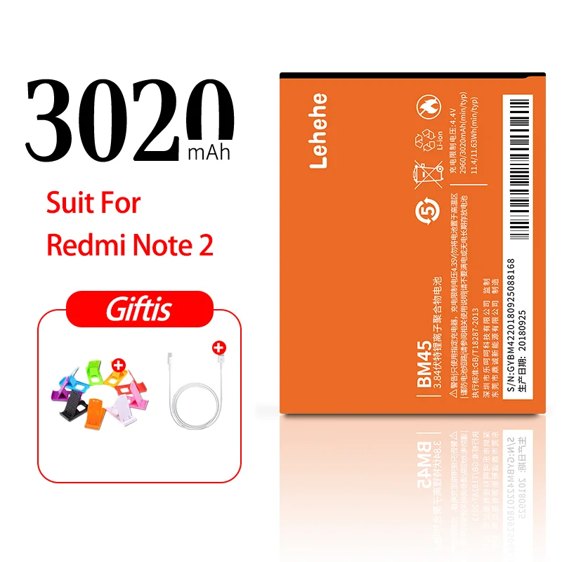 BM45 For Redmi Note2 Батарея lehehe BM35 BM45 BM46 BM47 BM49 для Xiao mi 4C Red mi Note2 Red mi Note3 Red mi 3 3S 4X mi Max батареи бесплатные инструменты подарки - Цвет: BM45 For Redmi Note2