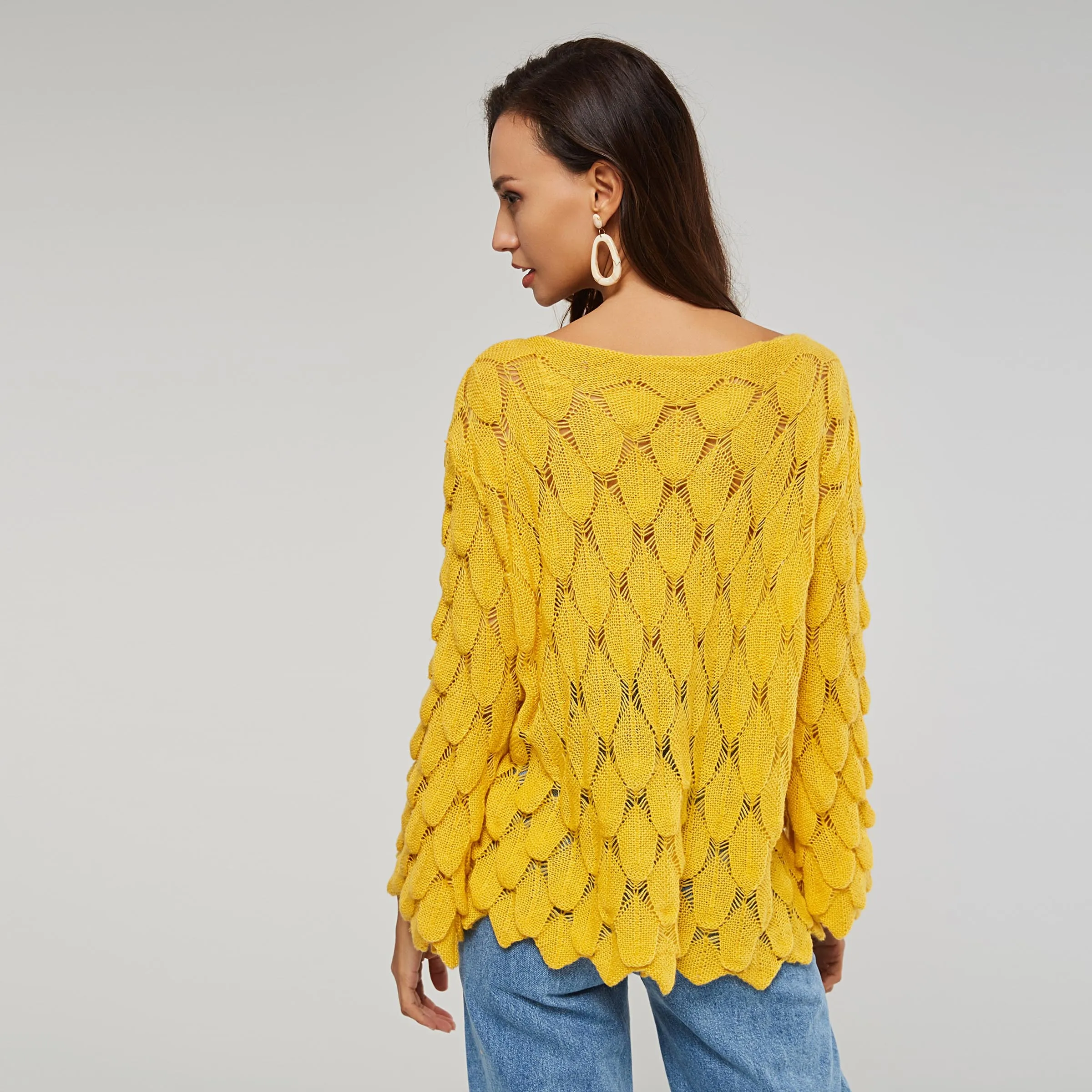 Women Sweater Pullover Fashion Plain Yellow Elegant Loose Scoop Neck Harajuku Pull Hollow Boho Casual Knitted | Женская одежда