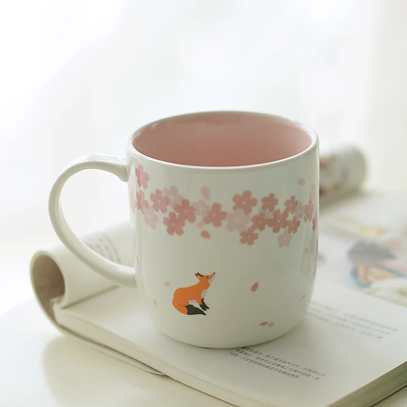 Ceramic Coffee Milk Mugs with Lid Spoon Sakura Cute Fox Deer Bear Mug Office Tea Creative For Kids Bithday Christmas Gifts | Дом и сад