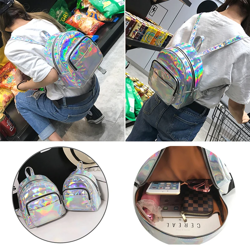 Новинка 2019 женский рюкзак школьная сумка Радужный Многоцветный металлический