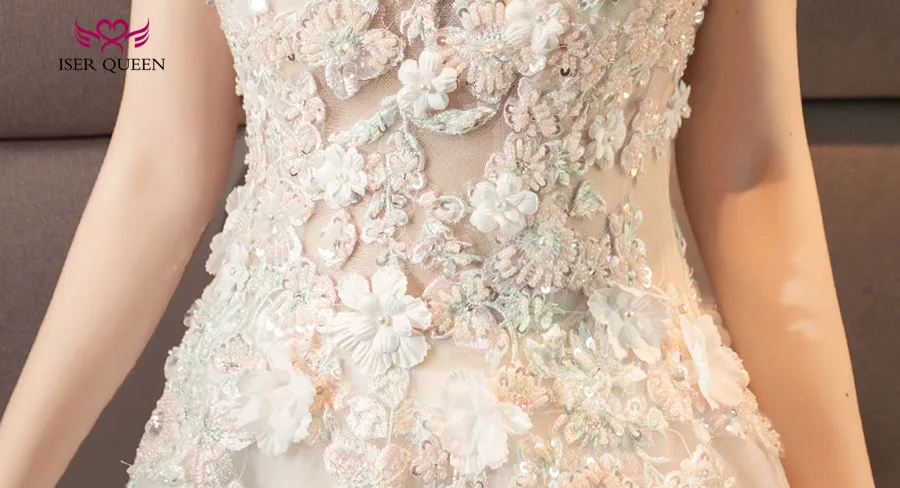 Elegant Floral Arab Long Train Wedding Dress Sheer Neck Plus Size Romantic Luxury Flower Wedding Gown Bridal Dress WX0137
