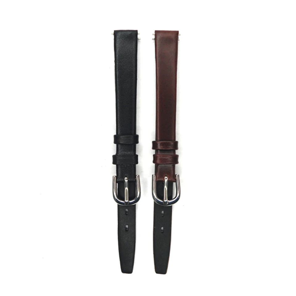 

YQI Genuine Leather Watchband 10mm 12mm Slim Calf Leather Watch Band Black Brown Watch Strap for Hour for Women Men Spring Bar