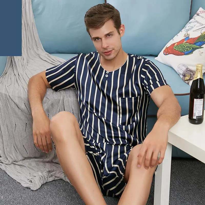 O Neck Summer Pijamas Men Three Quarter Sleeve Sexy Pajamas For Men Silk Pajama Suit Silk Men Pijama Sleep Clothes Man 21017