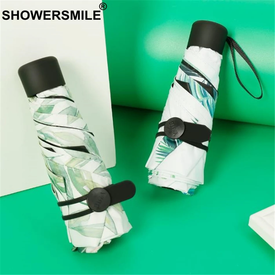 SHOWERSMILE легкий мини зонт с карманом женский принтом листьев Дамский Зонт 5 раз 190T