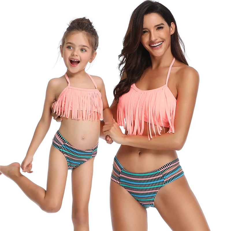 

Kids Girls Sexy Bikini 2020 Swimwear Swimsuit Mother Daughter Tassel Swimming Suit for Women Children Beach Wear Biquinis May