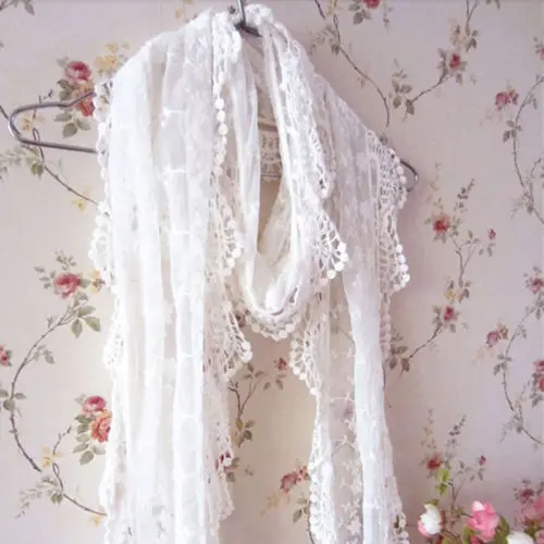 

Women Lady Long Scarf Embroidery Floral Crochet Mesh Lace Trim Shawl Scarves