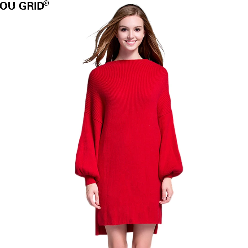 Красный вязаный свитер платье плюс размер 2017 Зима Осень женское с длинным