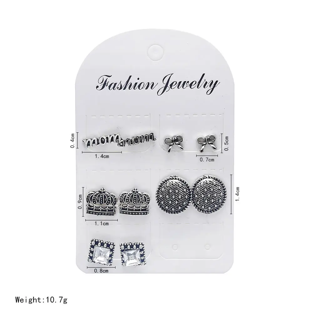 MissCyCy Vintage Silver Stud Earring Set Fashion Letters Mom Crown Crystal Earrings for Women Boho Geometric Jewelry | Украшения и