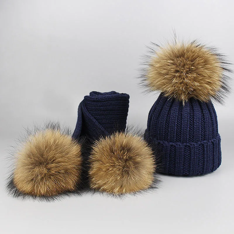 Детская шапка с помпонами из натурального меха Skullies, детские зимние вязаные шапки для девочек и мальчиков, вязаная шапка с помпоном из натурального меха для детей - Цвет: Navy
