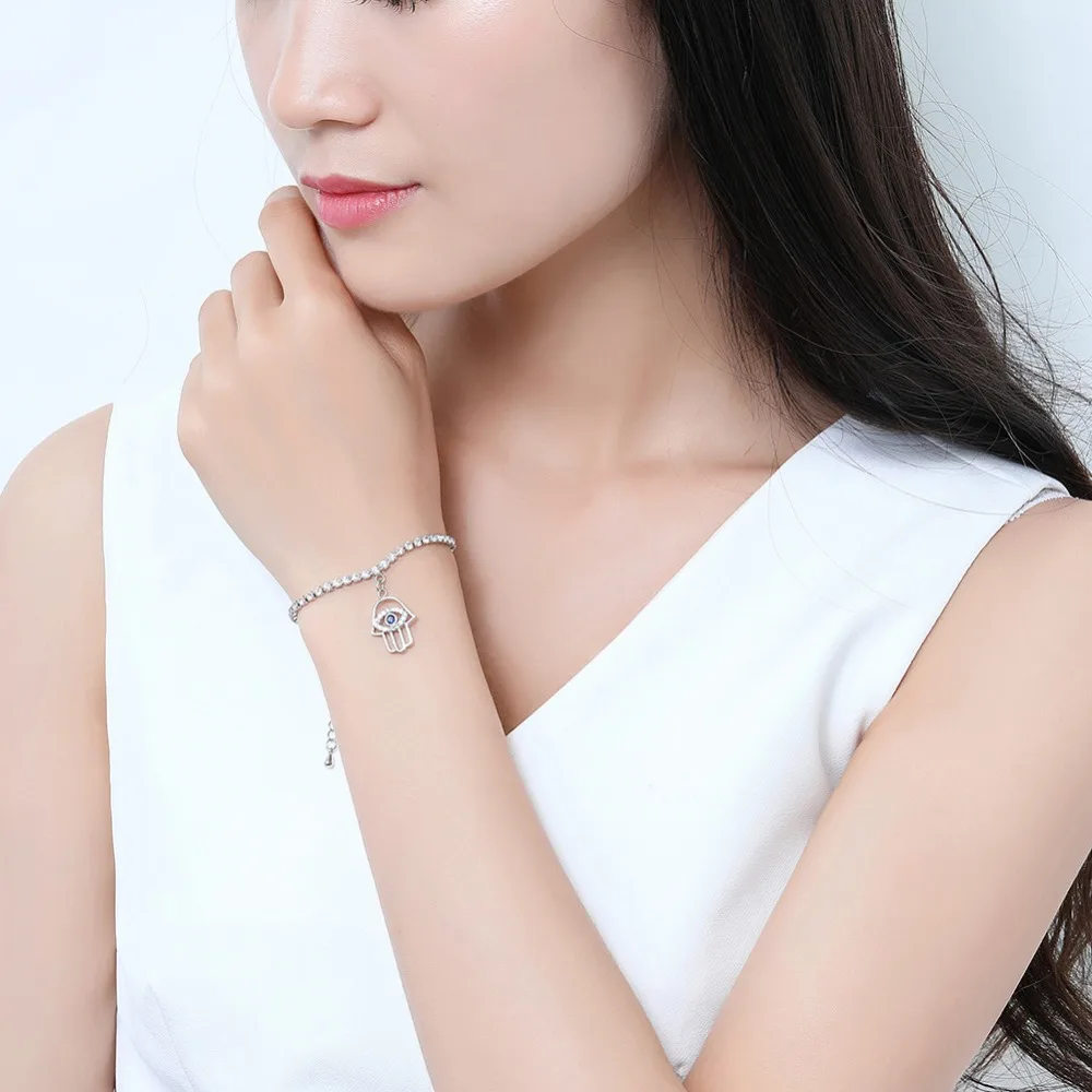 Женский браслет на руку UMODE из белого золота с голубым и прозрачным кубическим