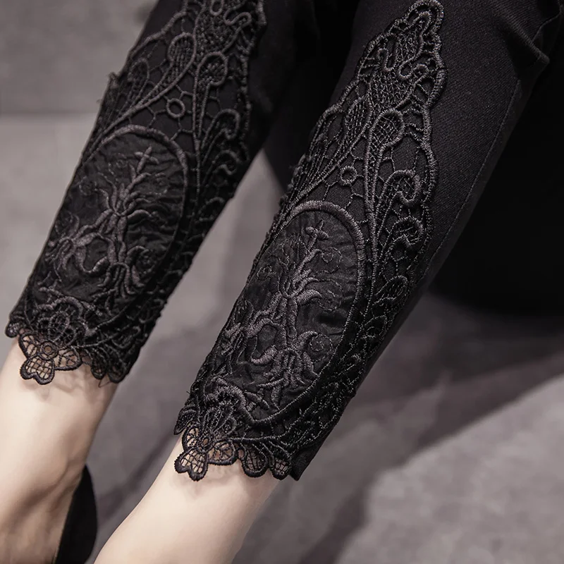 Женские хлопковые комбинированные кружевные брюки повседневные карандаш с