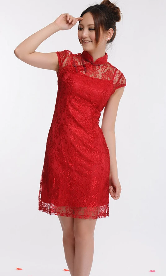 1pcs/lot lace cheongsam summer short-sleeved black red pink cheongsam dress