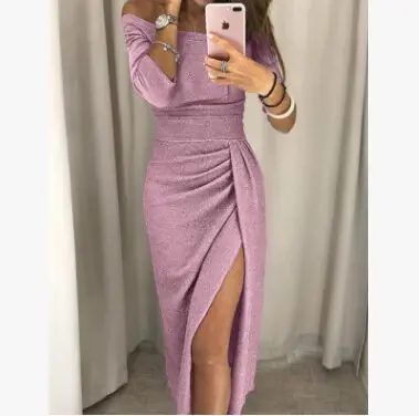 Glitter Dresses 2019 Women Elegant Party Dress Female Shiny Slash Neck Ruched Thigh Slit Sexy Club Wrist Sleeve Vestidos | Женская