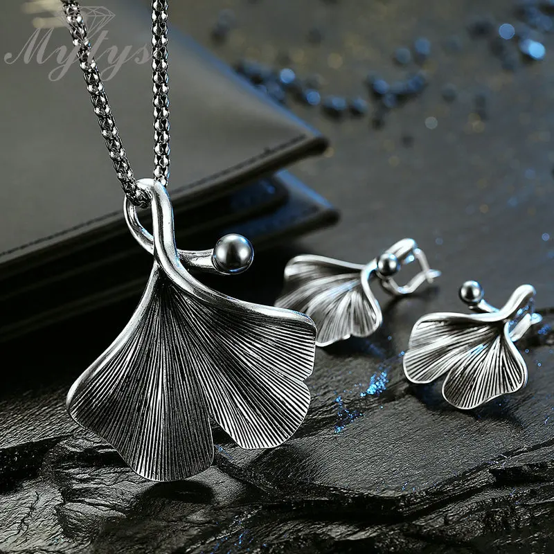 Mytys Ретро Серебряный серый лист гинкго Ювелирные наборы антикварные тайские