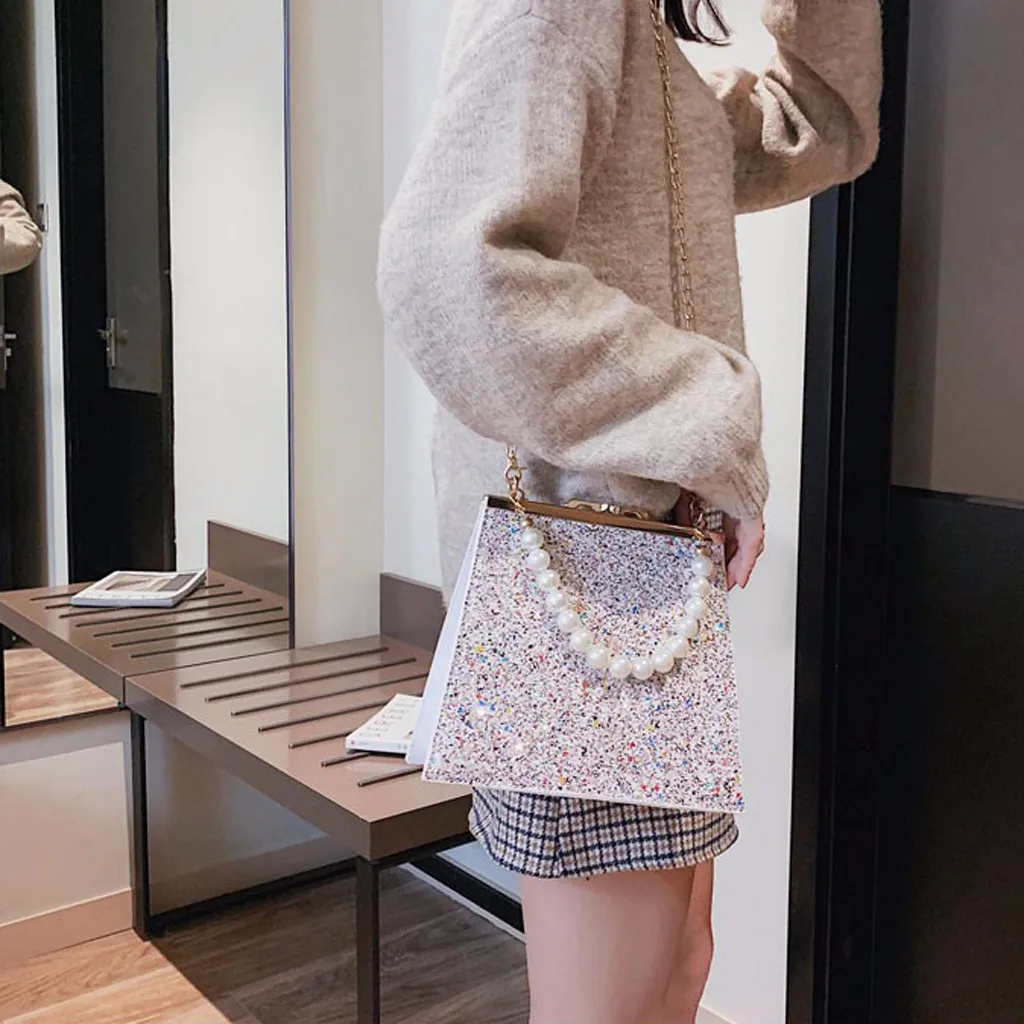 Женские сумки Bolsos Mujer, Женская жемчужная сумка через плечо, блестящая цепочка, кожаные красочные сумки-мессенджеры, сумка на плечо, сумка-тоут с жемчугом, сумка-мессенджер
