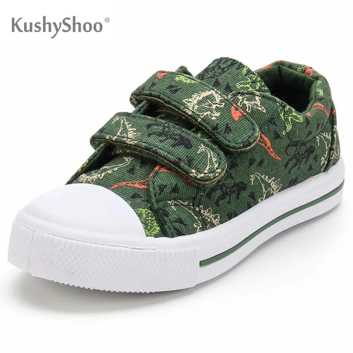 KushyShoo/детская обувь с принтом динозавра из мультфильма; Детские кроссовки с двумя крючками и петлями; кроссовки для мальчиков и девочек; парусиновая обувь