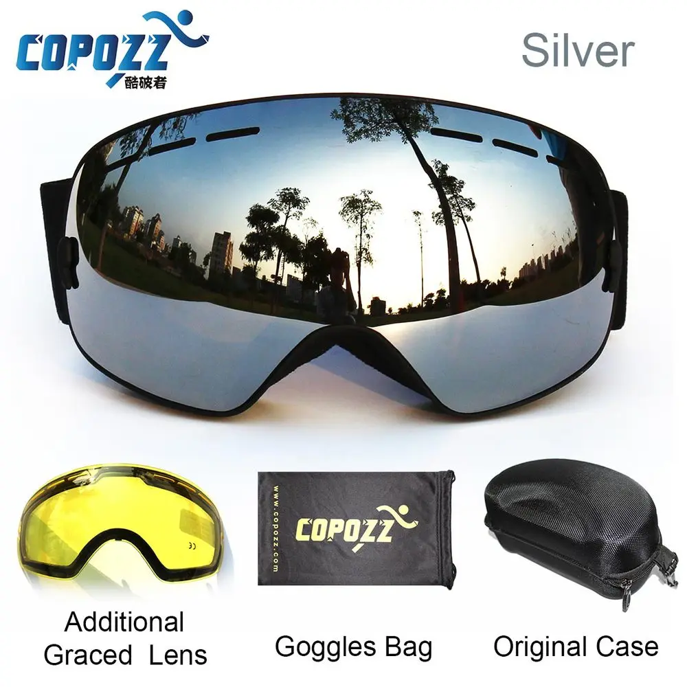COPOZZ, брендовые лыжные очки, 2 двойные линзы, противотуманные, UV400, большие, сферические, для сноуборда, очки для мужчин и женщин, лыжные, снежные очки, набор - Цвет: Серебристый