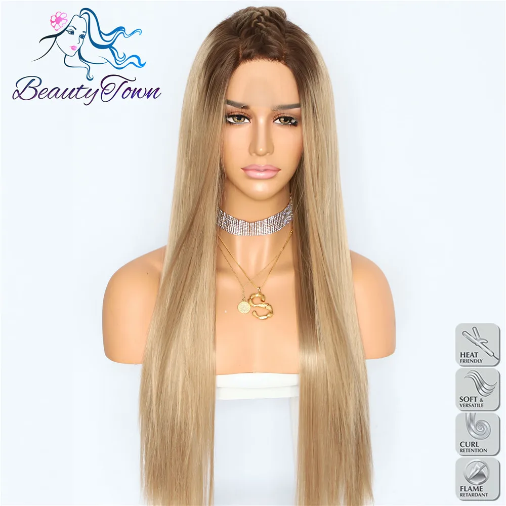 BeautyTown Ombre коричневый прямые Термостойкие волосы для женщин для свадебной вечеринки Хэллоуин подарок синтетический кружевной передний ежедневный макияж парики