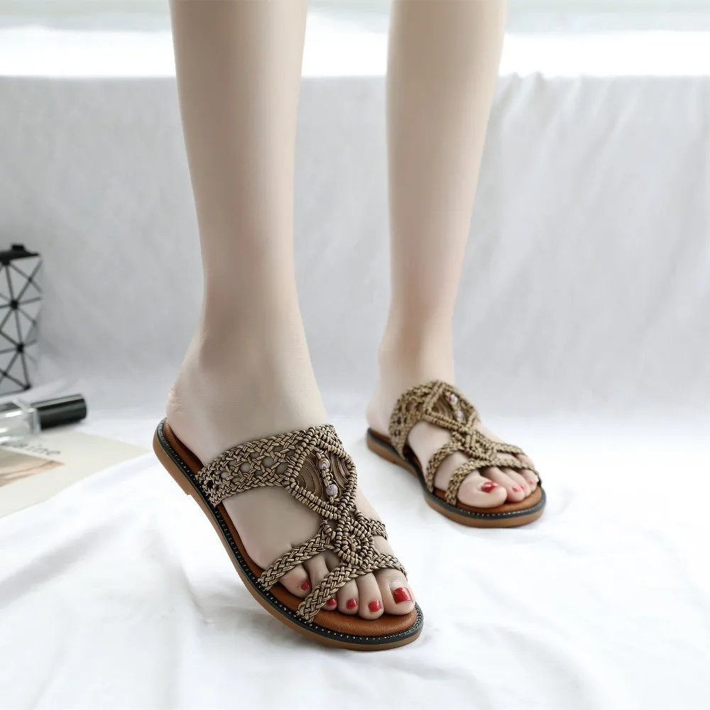 GKTINOO 2021 High Quality Woman Summer Slippers Comfortable Low Heel Ethnic Retro Shoes Classic Casual Elegant Beach Slides | Обувь