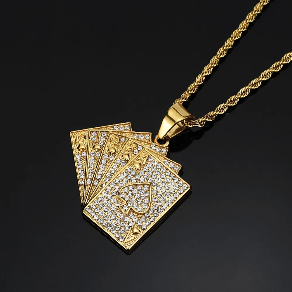 Stainless Steel Personalized Playing Cards Pendant Hearts Poker Necklace for Men Gift Club Jewelry Golden Fashion Chain | Украшения и