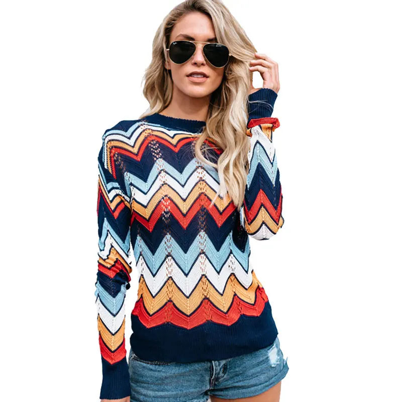 Тонкий Свитера с дырками дамы длинным рукавом Пуловеры для женщин Мода Волна