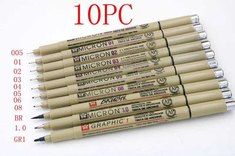 10pc pen 12 шт., пигмент, микрон, Сакура, Neelde, мягкая кисть для рисования, ручка 005 01 02 03 04 05 08, кисть, тонкие маркеры, ручка - Цвет: 10pc pen