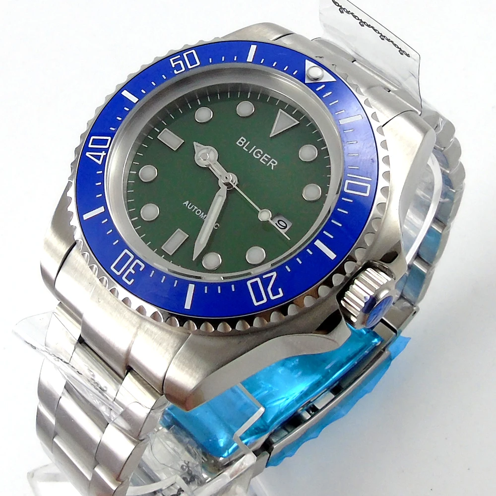 

Bliger 44mm green Sterile dial blue Ceramic Bezel automatic mens watch