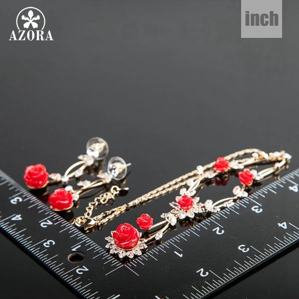 AZORA шикарный золотистый Цвет красное цветение ветви Висячие серьги и ожерелье