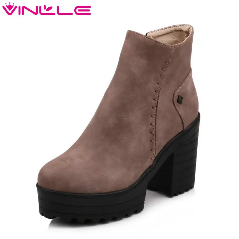 VINLLE 2018 Женские Ботинки Ботильоны на платформе высоком квадратном каблуке молнии