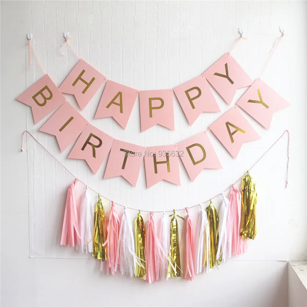 

16pcs/lot Birthday Bunting Banners Golden Garlands Pack with 15 Gold Tassels for Happy Birthday Decorations