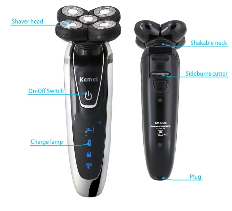 Kemei KM-5886, 3 в 1, многофункциональная электробритва, перезаряжаемая, 5D плавающая бритва, бритва с зарядной подставкой, IPX7, водонепроницаемая