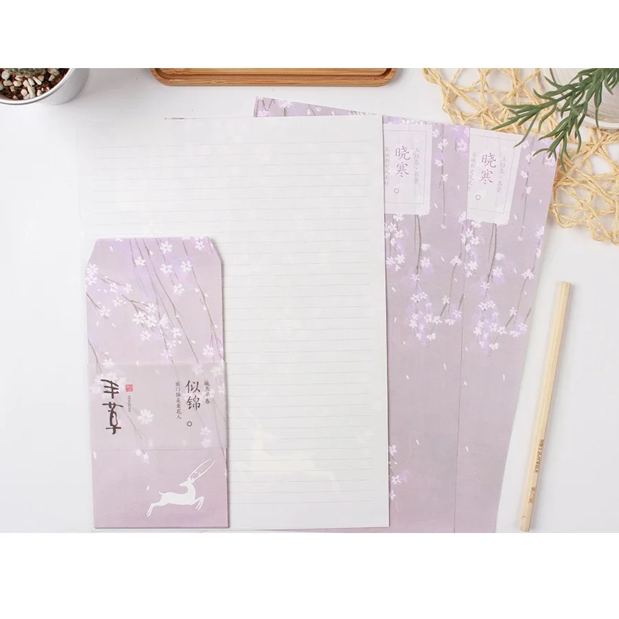 

9 Pcs/Set 3 Envelopes+6 Letter Papers Plant Cherry Blossoms Letter Envelope Set Korean Stationery Christmas Gift