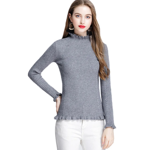 Women high neck ruffles thick sweaters elastic long sleeve must have items basic sweet autumn winter warm pullover casual tops | Женская