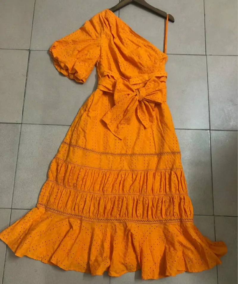 

New Women's Party Dress Sexy One Shoulder Off Lantern Sleeve 2019 Boutique Ladies Cotton Boho Hollow Out Trumpet Dresses Sashes
