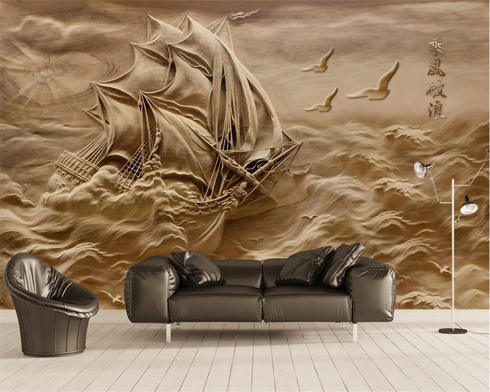 

Beibehang Custom wallpaper 3D three-dimensional embossing wind and waves smooth sailing TV sofa background murals 3d wallpaper