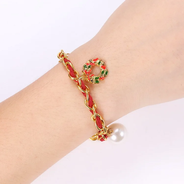 2016 Кристалл Браслет Сплава Цинка Красная Кожаная Веревка Жемчужина Рождество