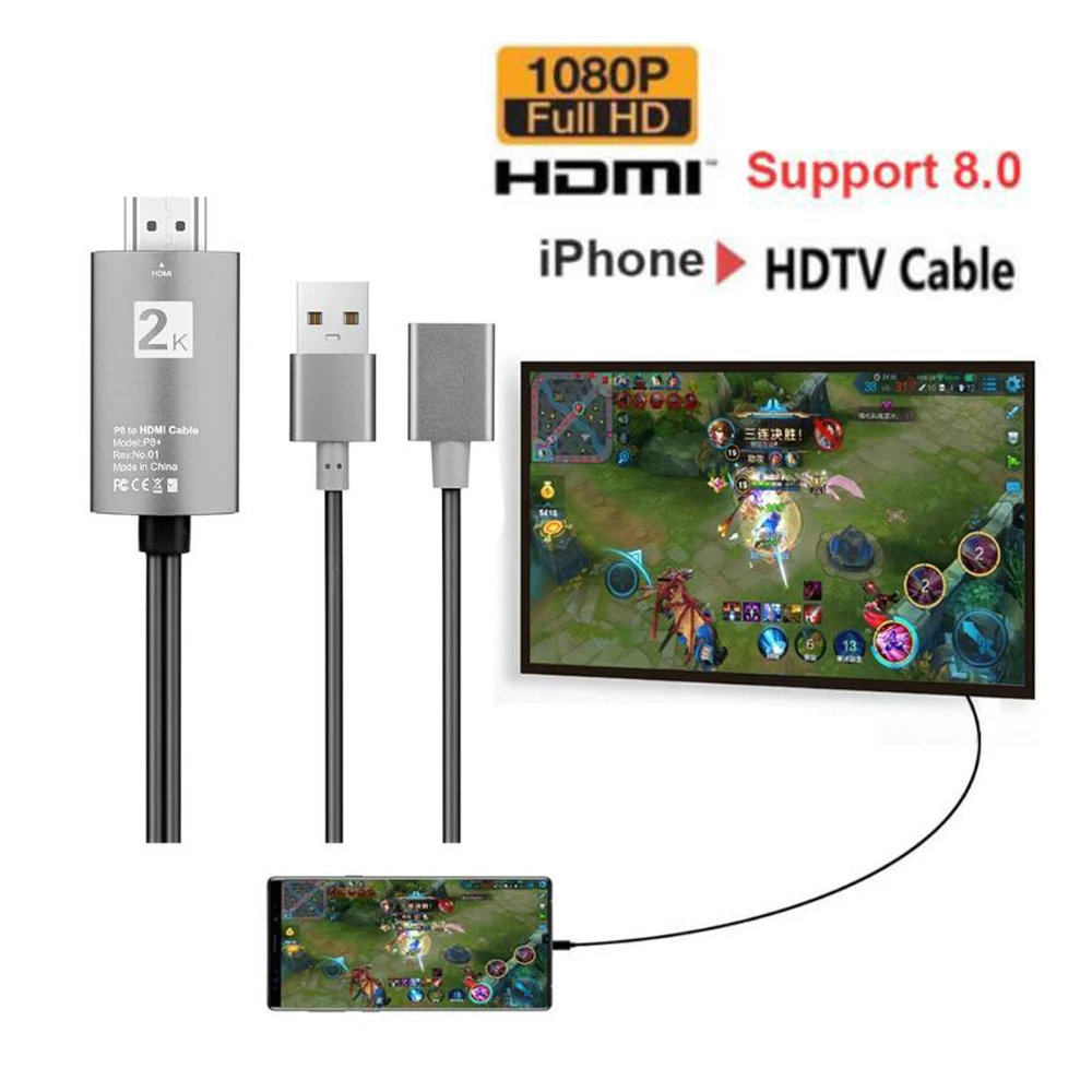 2 м 1080P 2 в 1 USB к HDMI HD ТВ кабель конвертер мобильный телефон к HDMI ТВ Кабель-адаптер для iPhone iPad IOS 8,0 Android телефон