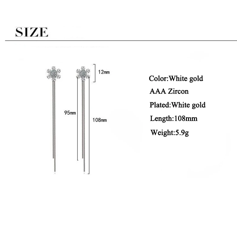 

JYouHF New Fashion Flash Shining Cubic Zirconia Snowflake Stud Earrings White Gold Plated Long Tassel Earrings for Women Gift