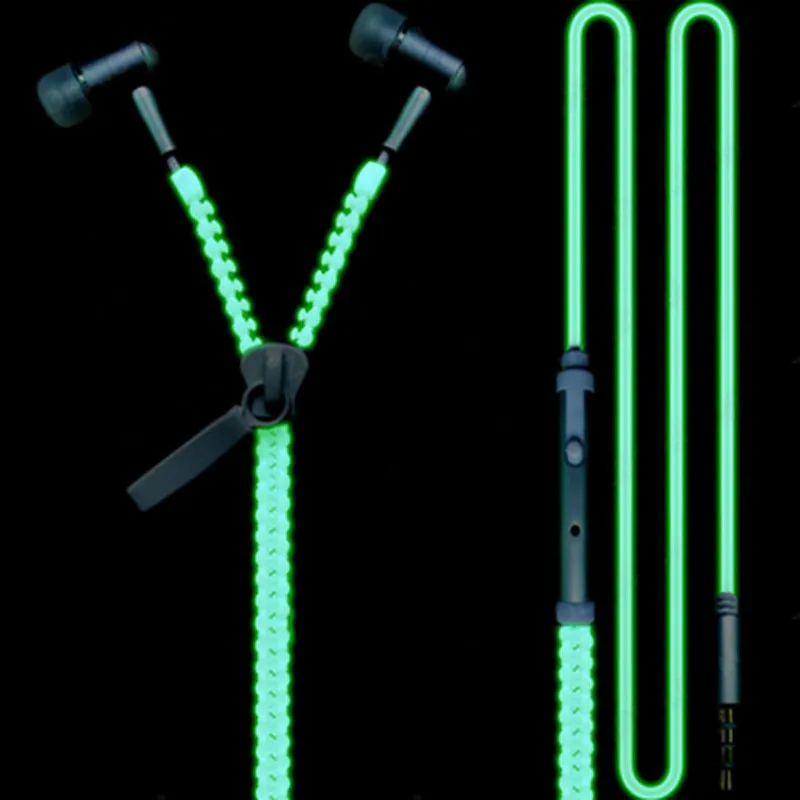 ZUCZUG Fashion Sports Earphones Headset Luminous Light Glow in the Dark Metal Zipper Earphone with Mic for Mobile Phone | Электроника