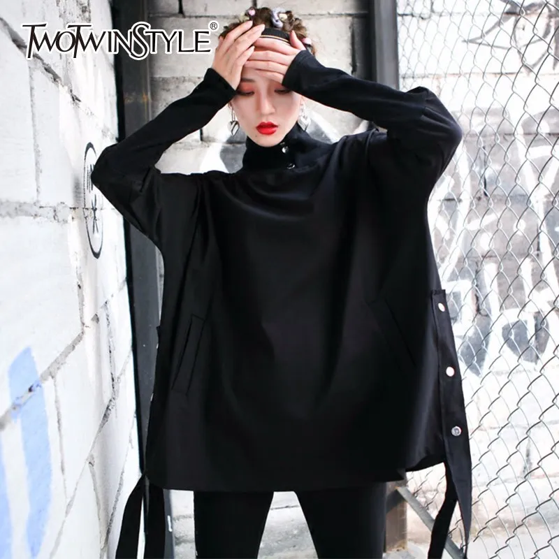 TWOTWINSTYLE водолазка Толстовка для Женская лента рукав летучая мышь карман черный