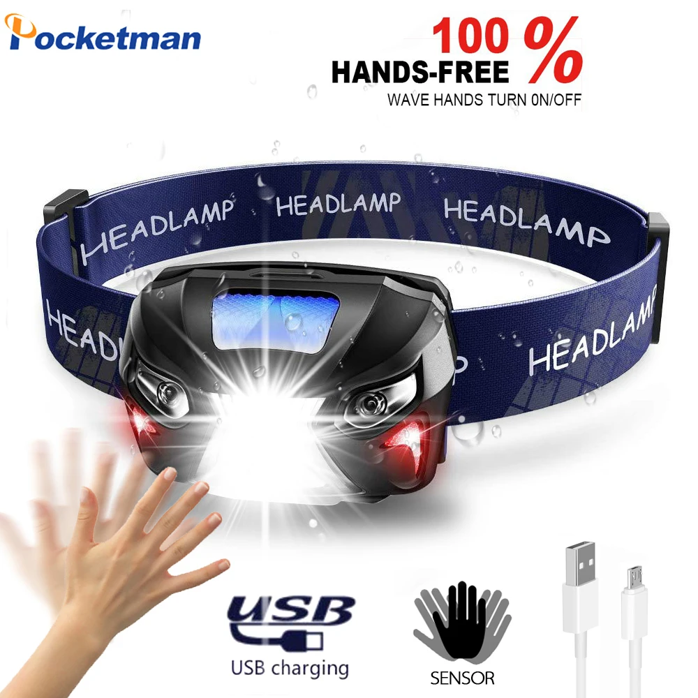 Самый яркий налобный фонарь с датчиком движения зарядкой от USB светодиодный